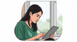 © Amrulloh - Young woman engrossed in a tablet screen, seated by a window with a soft outdoor vista