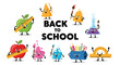 © Sophie - Set of animated school supplies including apples, rulers, notebooks, and paintbrushes with happy faces for kids.