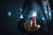 © saima - Businessman enabling digital security lock on futuristic interface for data protection and cybersecurity