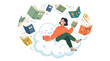 © Yagami - Flat vector illustration of a young woman in an orange sweater sitting on a smiling fluffy cloud, surrounded by multiple flying open books and magical swirls on a white background.