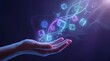© Add Win - Future Technology Innovation: Human Hand Interacting with Abstract AI, Blockchain, and Quantum Computing Data for Digital Transformation Solutions.