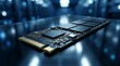 © geny - A close-up, high-angle shot of a solid-state drive (SSD) storage device, showcasing its intricate circuit board, memory chips, and gold-plated connector against a blurred, futuristic.