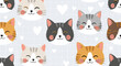 © Rodela - Collection of cute cat faces and white hearts seamless pattern on a grey grid background for pet enthusiasts and animal lovers.