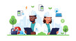 © Indah - Two diverse scientists or engineers in hard hats and lab coats, surrounded by sustainable technology and environmental solutions like water purification, solar panels, and green energy.
