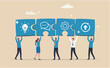 © kadir - Team collaboration for success, teamwork or cooperation, employee participation or organization, partnership work together, career growth concept, business people employee connect arrow jigsaw puzzle