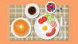 © Elias - Complete breakfast meal featuring pancakes with butter, coffee, a fried egg, sausage, tomatoes, cucumbers, and fresh berries.