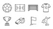 © Sonet - Soccer equipment line icons set with ball, field, goal, jersey, trophy, whistle, corner flag, and player.