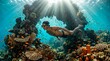© Abah encur - Male free diver swimming through coral reef arch underwater.