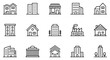 © SHUVO - Building Icons Set. A collection of clean, minimalist line art icons representing various types of buildings, from residential homes to commercial structures and industrial facilities.