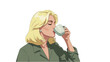 © Stock Image Paradise - Woman enjoys 2D CAD Vector coffee in green office attire