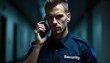 © miss irine - Man in security uniform speaks on phone in dim hallway. Serious guard holds device to ear, focused on communication. Protection pro receives important dispatch information.
