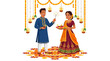 © Hadi - Happy diwali couple in traditional ethnic attire with golden garlands, lit lamps, and colorful rangoli suitable for festive holiday themes.