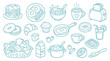 © Meila - Collection of hand-drawn breakfast food icons and illustrations in a simple line art style.