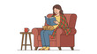 © Gabriel - Woman reading a book on a comfortable armchair with a cat on her lap and a cup of tea on a side table