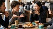 © twilight mist - Diverse Group of Young Friends Talking and Laughing Over Coffee and Pastries in a Modern Cafe