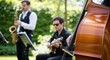 © Hungarian - Professional Jazz Band Performing Outdoors with Double Bass, Guitar, and Saxophone in a Lush Green Garden Setting