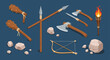 © Jabber - Collection of primitive prehistoric tools and weapons includes stone axes, clubs, spears, a bow, and a flaming wooden torch.