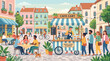 © Filipe - Cartoon scene depicting a bustling European town square cafe