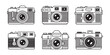 © Modern - Vintage analog cameras set in woodcut style for classic photography enthusiasts and retro designers.