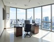 © Rizwan - Bright minimalist office with panoramic cityscape, sleek wooden desk, organized workspace, symbolizing productivity, professionalism, and contemporary business aesthetics.