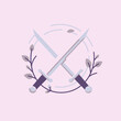 © Braxton - Two crossed swords with a decorative floral element on a soft pink background