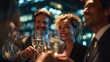 © csl - Diverse group celebrates, toasting with champagne glasses, smiling, city backdrop, evening