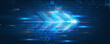 © Design_Hub - High-speed data flow arrow on abstract technology background with geometric shapes and glowing lines.