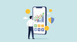 © taro - Man reviewing upward stock market graph on smartphone with protective shield and gold coins, concept for financial analysis, investment tracking and digital security services.
