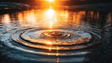 Droplet creates concentric ripples spreading across the surface of water reflecting golden sunset light