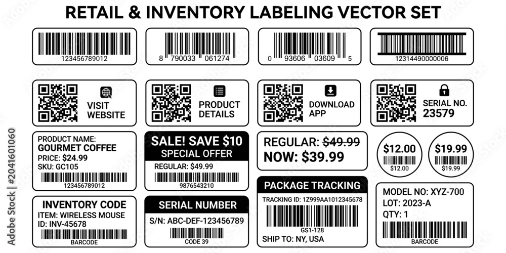 Set of retail and inventory labeling vectors with barcodes and qr codes ...