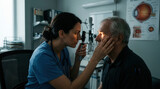Optometrist Examining Patient's Eyes With Opthalmoscope In Clinic Setting