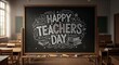 © Shomsu Miah - Happy Teachers Day message on chalkboard in empty classroom with desks and chairs