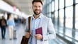 © CreativeArt - Smiling businessman holding a passport, dressed in a light suit jacket and carrying a shoulder bag, standing confidently in a bright airport terminal preparing for international travel