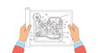 © Aprilia - Hands holding a detailed engineering blueprint or technical drawing, illustrating mechanical design, invention, and industrial development plans on a white background.