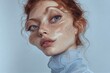 © crispy - Surreal portrait of young woman with red hair and glowing skin. Artistic distortion effect on face featuring liquid waves. Creative digital manipulation for fashion and beauty concept