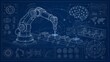 © crispy - Robotic arm blueprint illustrating industrial automation. Technical drawing of mechanical assembly with artificial intelligence brain interface. Smart manufacturing digital factory concept