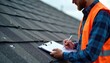 © Viktor - Man in safety vest on roof writes on clipboard. Roofer checks asphalt shingles, inspects house exterior. Contractor assesses building condition for repair work or new installation.
