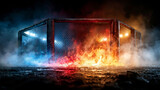 Low angle shot , blue and red fire burning in front of the Mix martial arts stage , action cinematic background image.