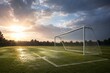 © crispy - Soccer goal on professional grass field. Empty football pitch at stadium during sunset. Sport competition preparation concept. Athletic activity, outdoor training and healthy lifestyle