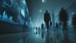 © Ameliaa - Businessman walks past glowing data screens in a modern, blurred hallway