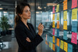 © Anastasiia - A businesswoman in a black suit stands looking thoughtfully at a whiteboard covered with project notes in an office setting.