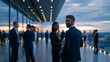 © Olha Havelia - photorealistic rooftop business networking event at sunset, stylish business men and women in elegant formal wear, standing in small natural groups and talking casually, captured f