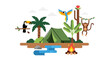 © zakel - Jungle Camping Adventure: Tent, Animals, River, and Campfire