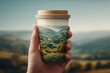 © Asawin - A hand holding a paper cup with a scenic landscape of rolling hills and forests reflected on it. The background is a soft, out-of-focus vista under a clear sky