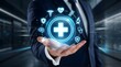 © Jhorna - Healthcare innovation concept a professional presenting glowing medical icons in the palm of their hand symbolizing advanced care