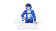 © Rismaone - Professional Businesswoman Investigation woman in blue suit examining document with magnifying glass on white background ideal for corporate auditing and data analysis.