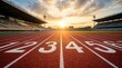 © Gophotograph - A professional athletics running track and stadium seating at golden hour.