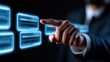 © Raehan - Businessman's finger touches glowing futuristic interface, data panels