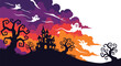 © Abdul - Spooky Halloween Landscape With Silhouetted Haunted Mansion on Hill Gnarled Trees and Drifting Ghosts Under Purple Sky
