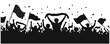 © JIm Studio - Soccer fans cheering silhouette, large black supporter crowd with flags and scarves, stadium match celebration background, vector illustration